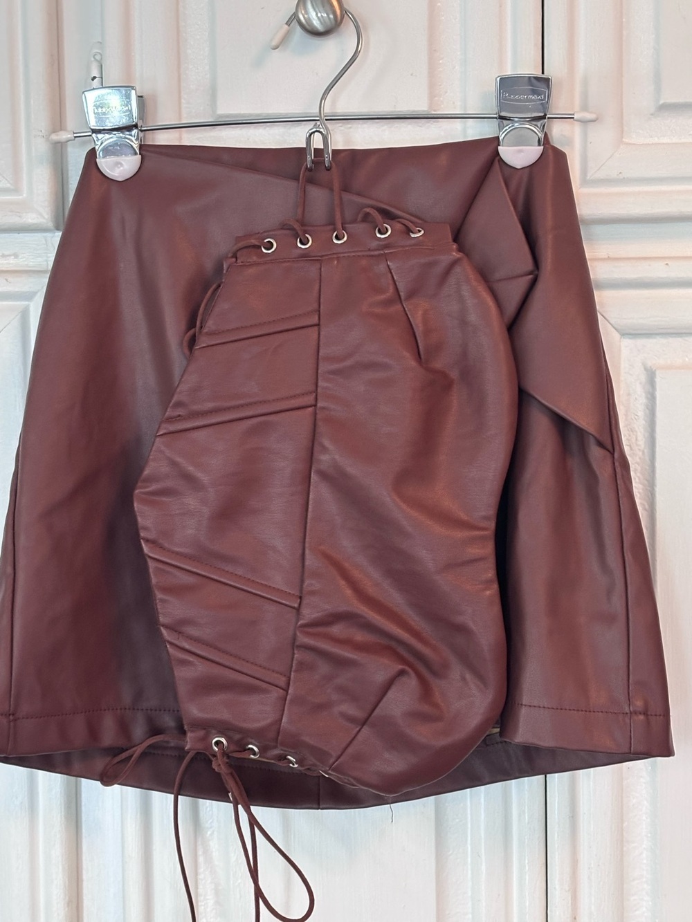 Princess Polly Brown Asymmetrical Faux Leather Mini Skirt & lace up bandeau